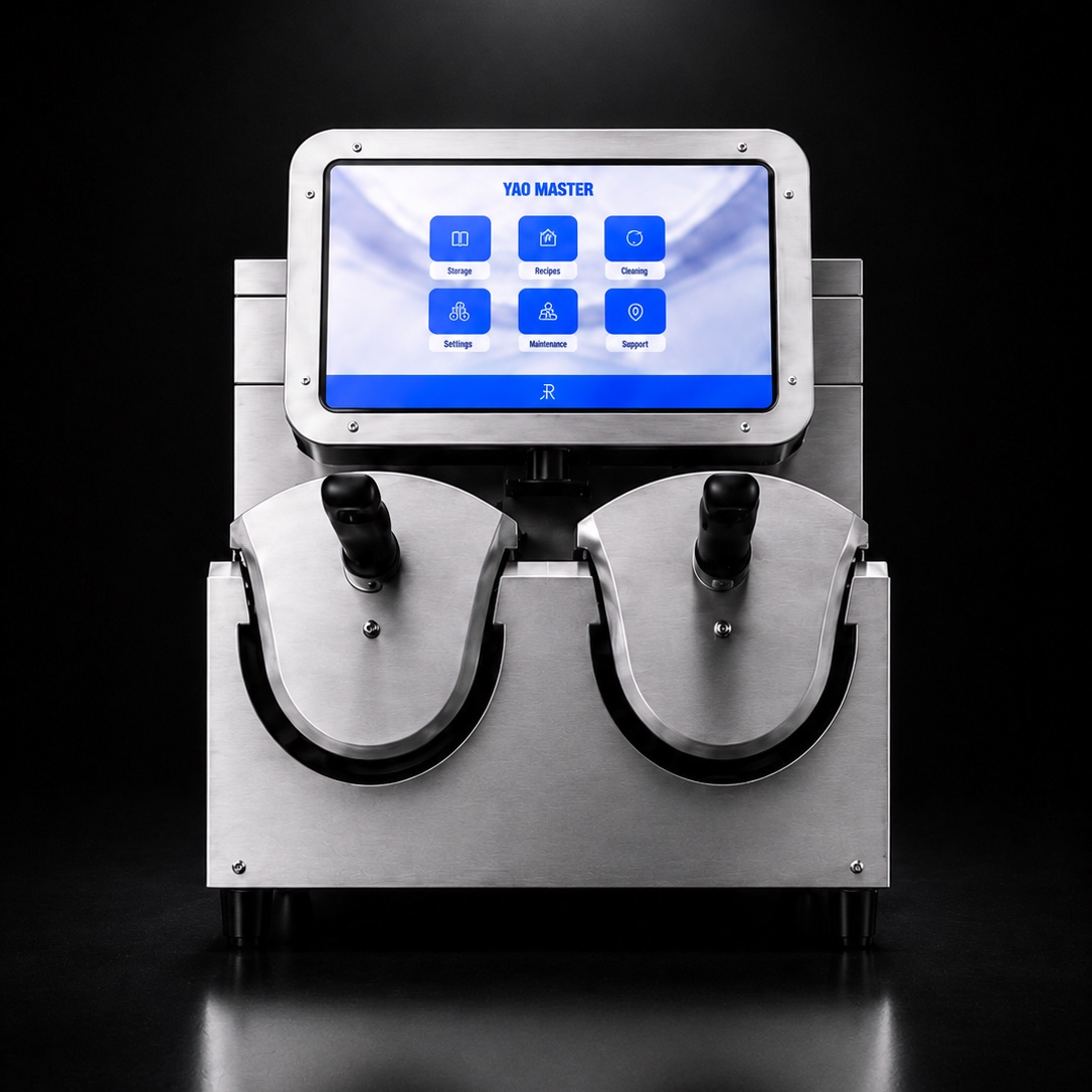 YG-B02 dual-wok commercial cooking robot with two independent controls in a black studio setting