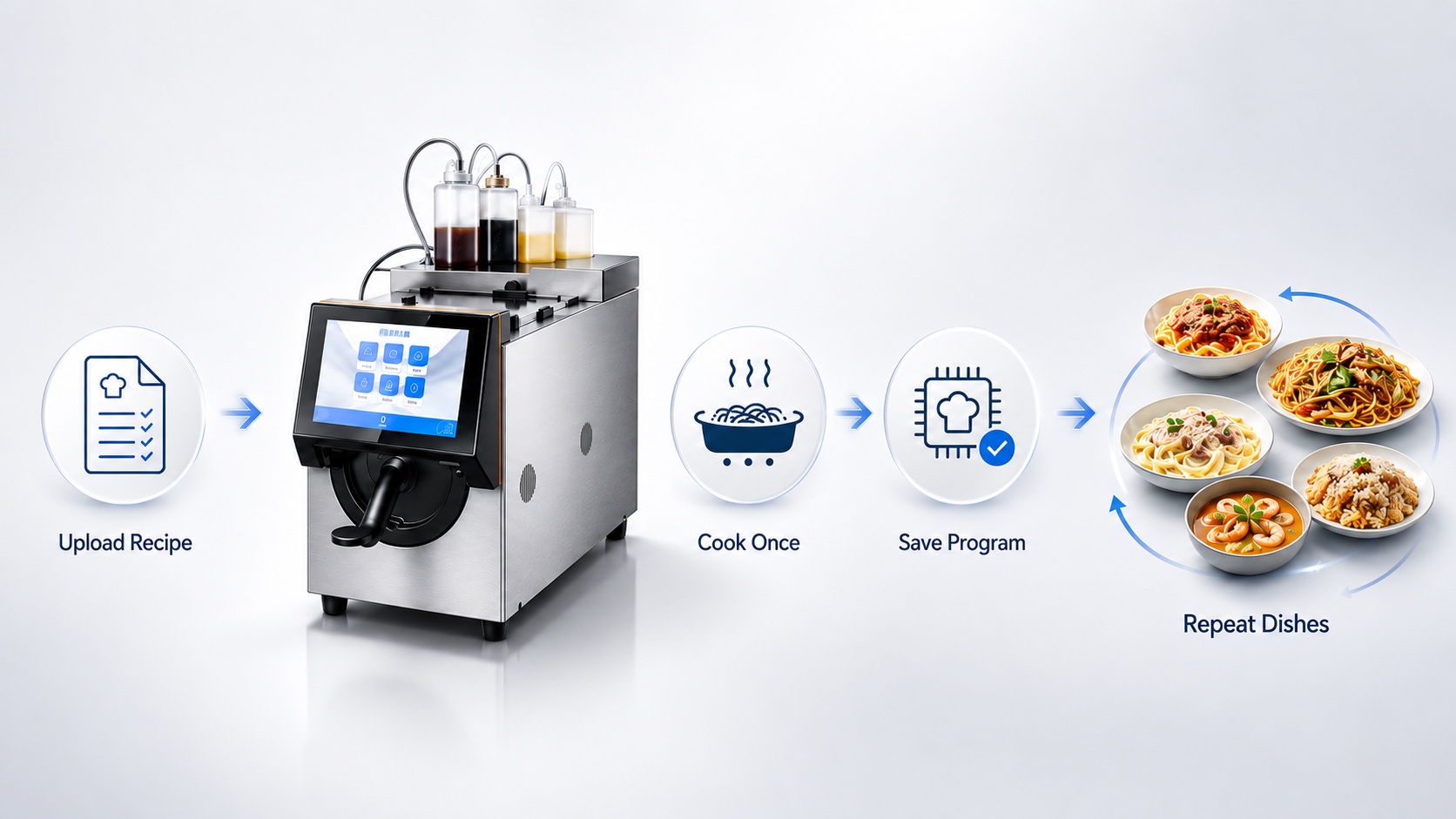 YAO MASTER workflow from recipe upload and trial cooking to saved programs and repeatable dishes