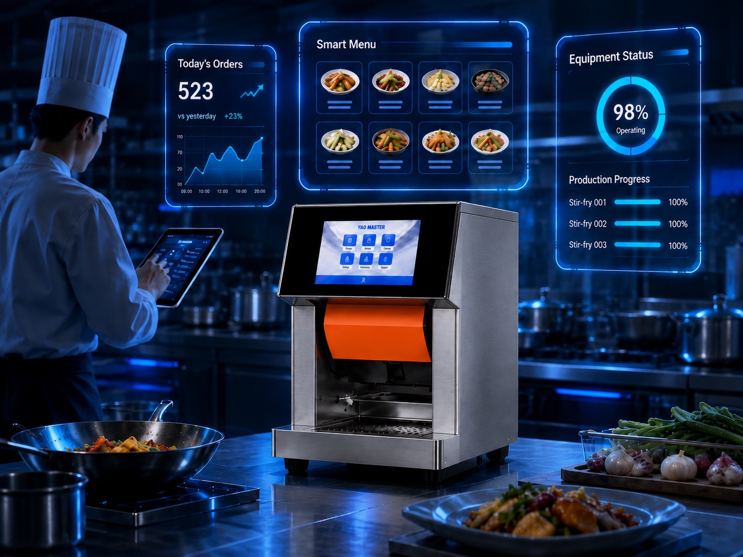 YAO MASTER AI menu and commercial kitchen automation visual
