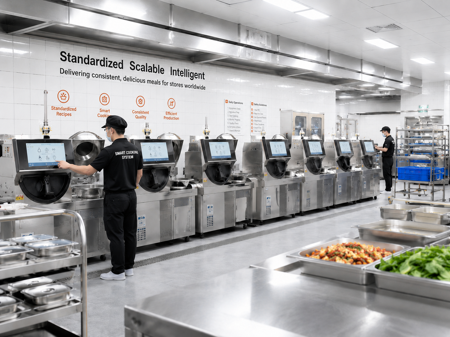 Central kitchen operating a row of smart cooking machines