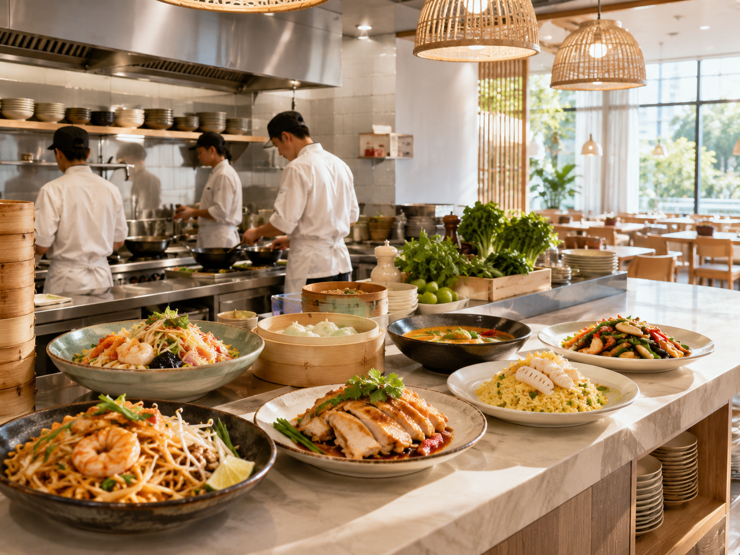 Busy chain restaurant kitchen preparing multiple dishes