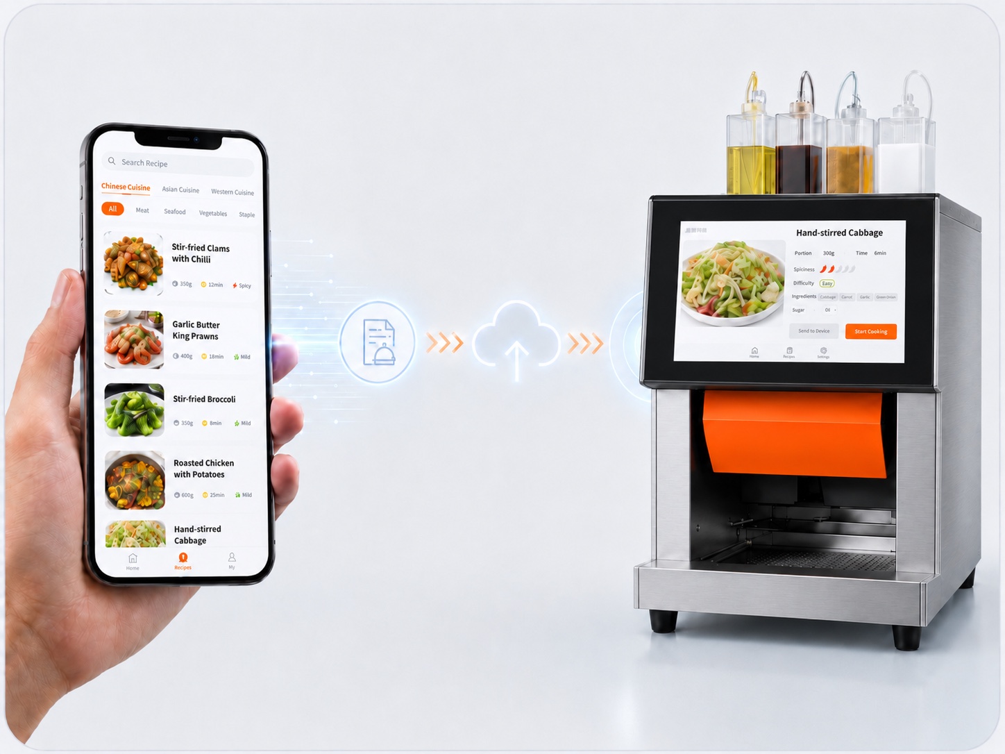 A recipe sent from a phone through the cloud to a Yao Master cooking robot