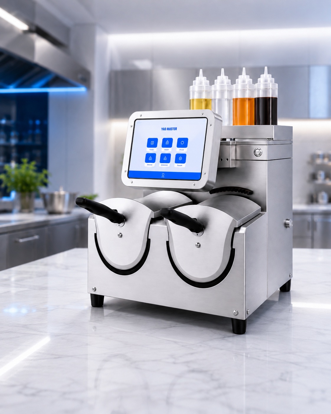 YG-B02 dual-wok commercial cooking robot with two independent recipe controls