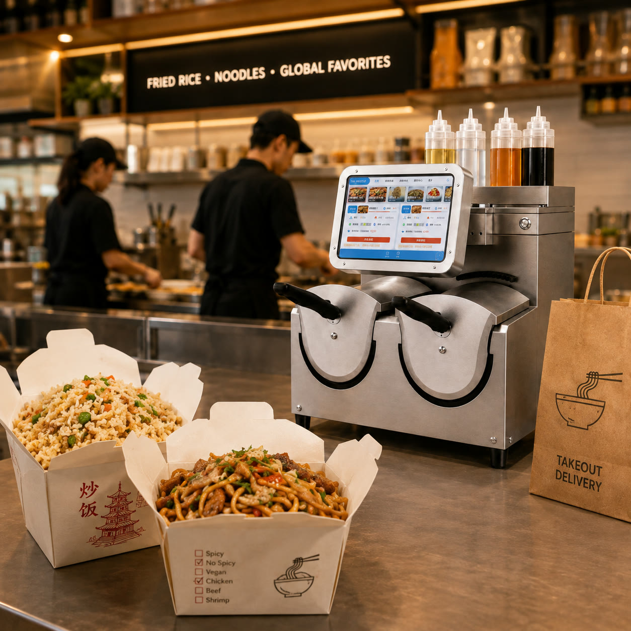 YG-B02 dual-wok cooker in a fried rice, noodle and delivery kitchen