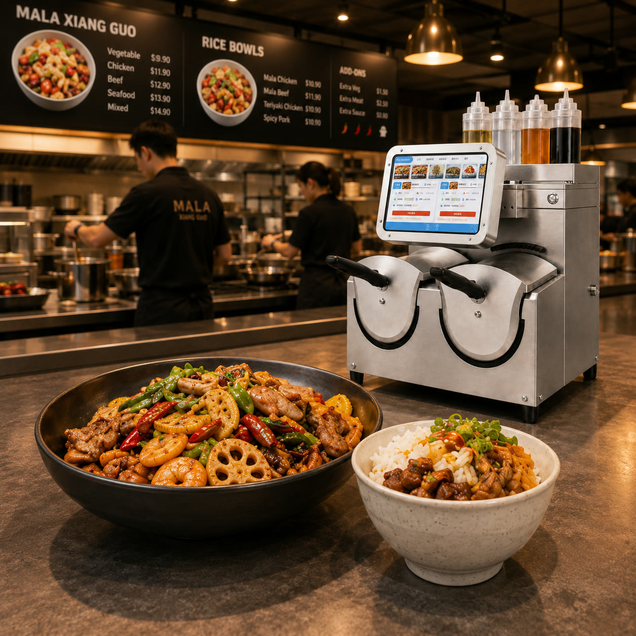 YG-B02 dual-wok cooker serving mala xiang guo and rice bowls