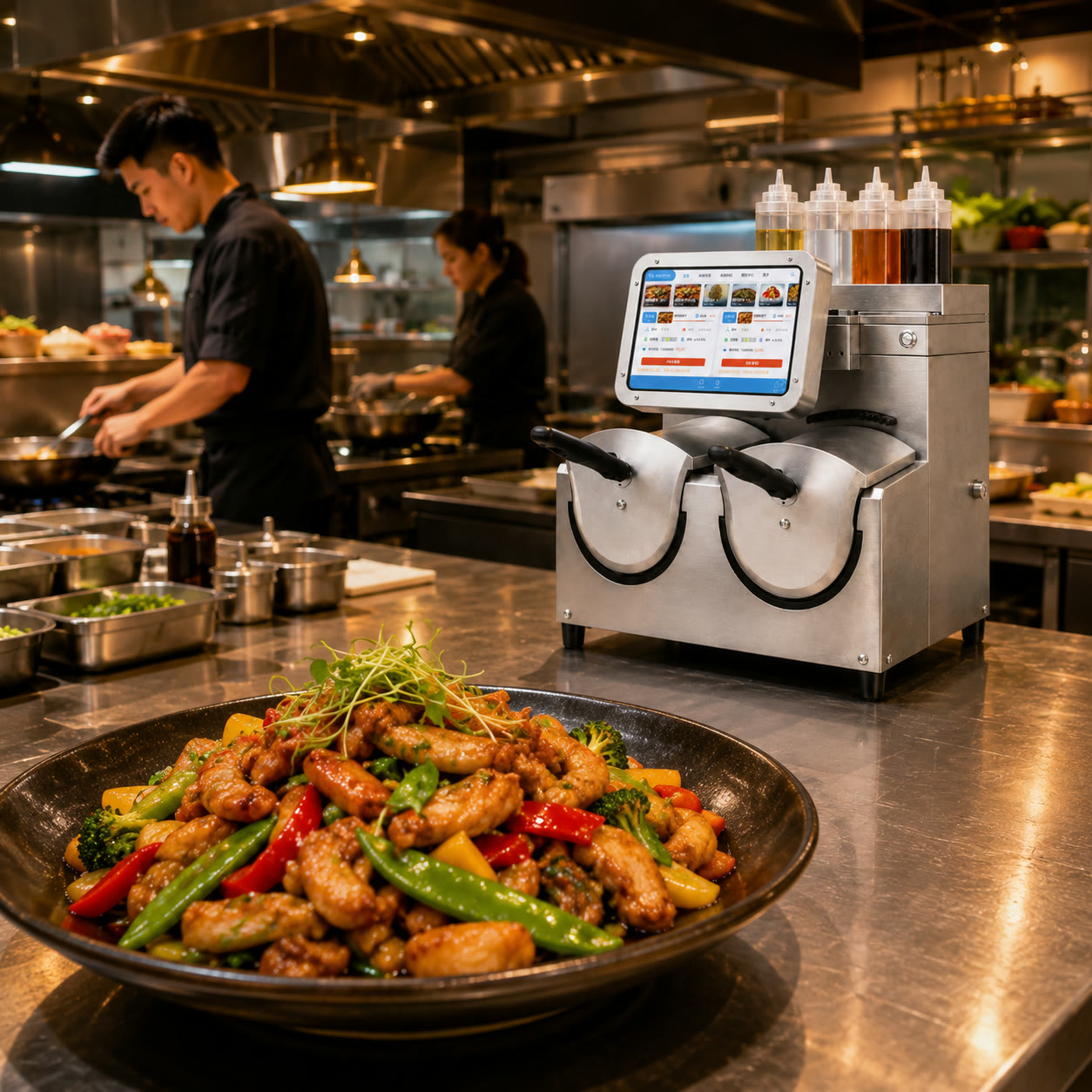 YG-B02 dual-wok cooker in a stir-fry restaurant kitchen